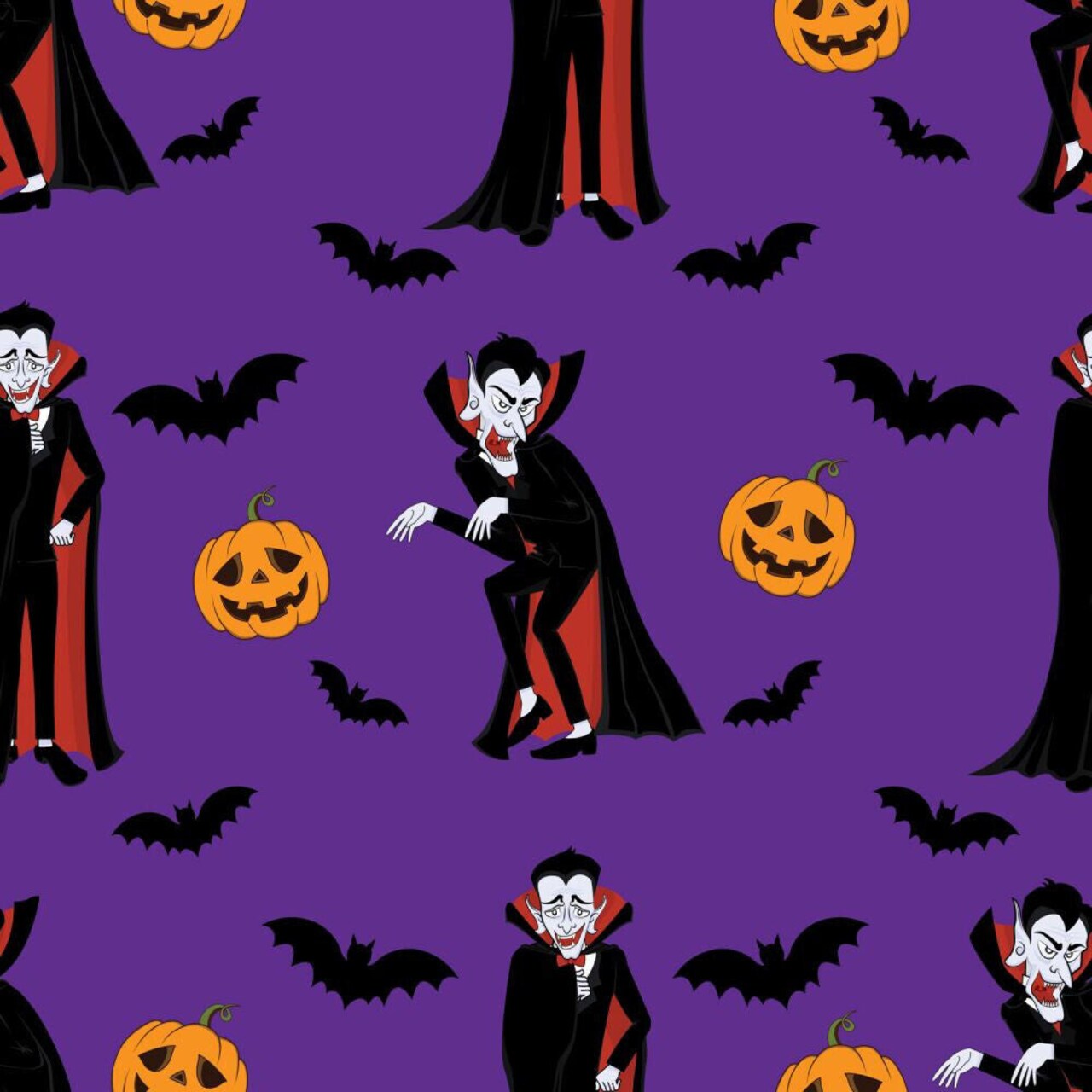 Halloween Vampires Bats and Pumpkins on Purple 100% Cotton Fabric